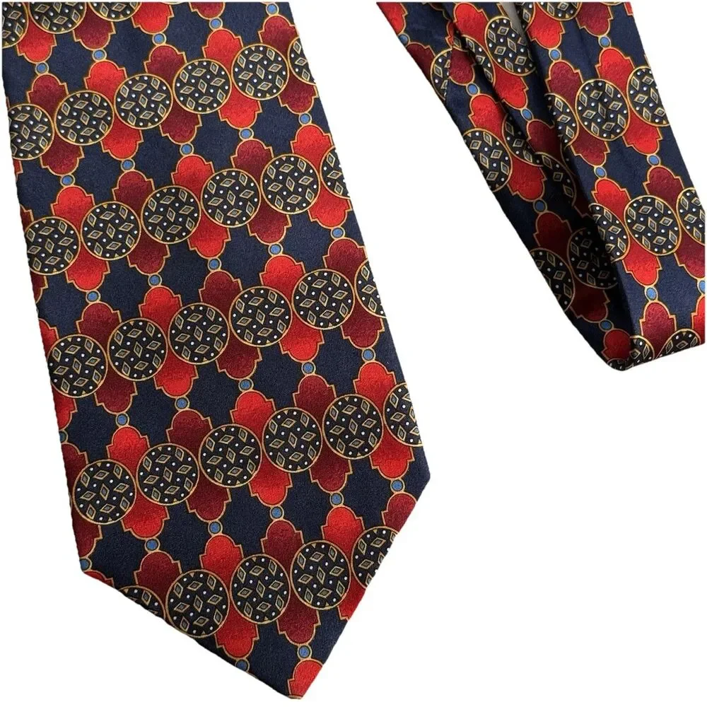 BULLOCK & JONES Navy Blue & Red Geometric Men's Neck Tie 100% Silk 3.75 x 58